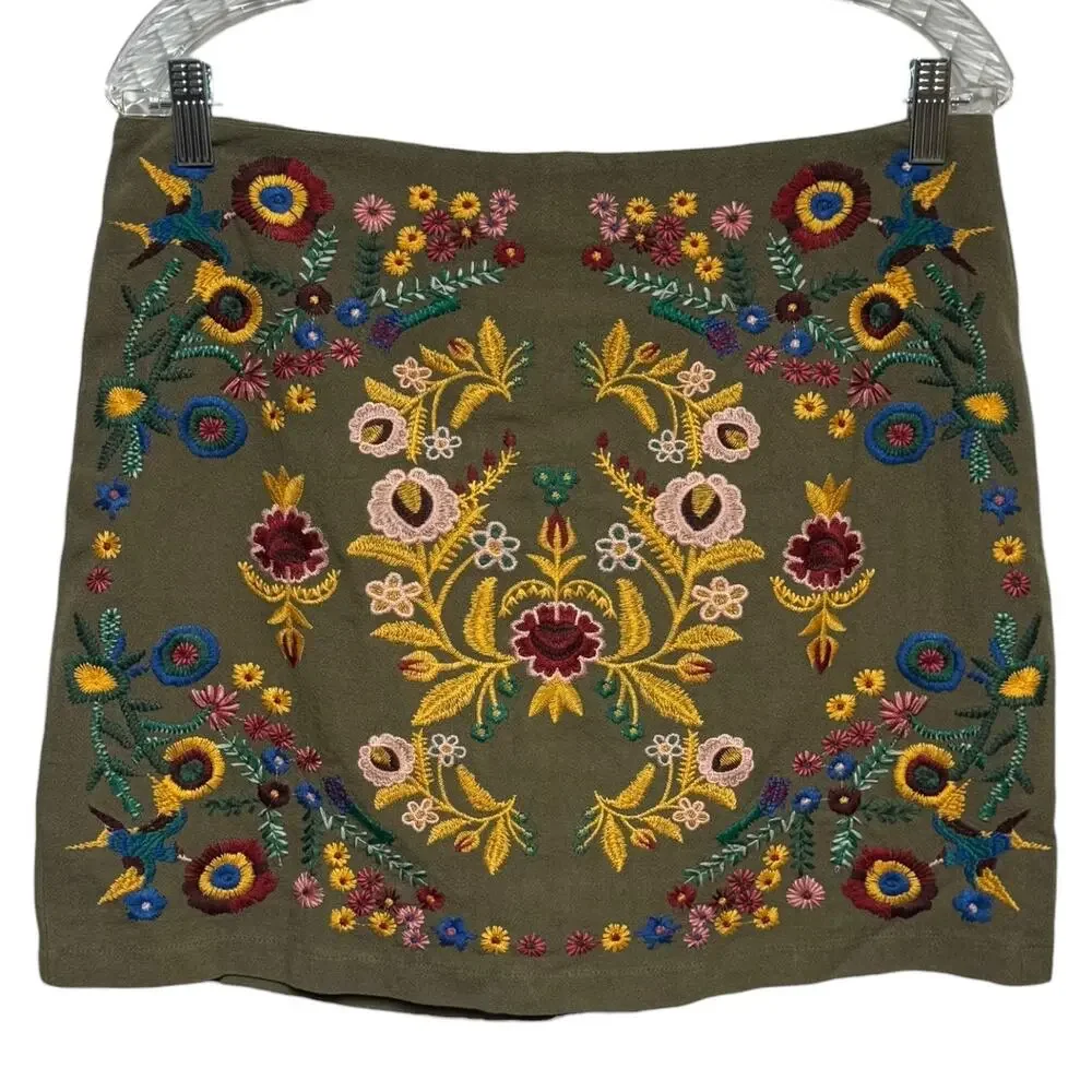 Umgee Cotton Julia Floral Embroidered Mini Skirt A-Line Green Large